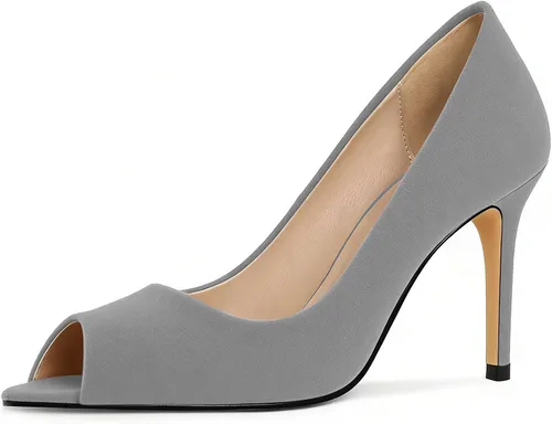 Vista 12 de Eldof Zapatos de tacón alto con punta abierta para mujer, con puntera abierta, para boda, sexy, para novia, clásicos, de 3.5 pulgadas Beige