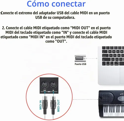Vista 6 de TENINYU Convertidor de cable USB a MIDI 2 en 1 PC a sintetizador Interfaz de teclado de estudio de música, cable adaptador de enchufe de cable, 16
