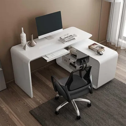 Vista 4 de SUNESA Escritorio de computadora, mesa de estudio, moderno, elegante, multifuncional, para PC, mesa de esquina blanca con estantes y cajones