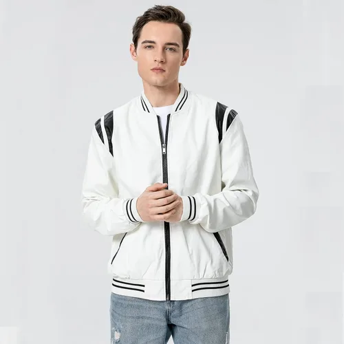 Vista 5 de chuida Chaqueta bomber de piel sintética para hombre, cuello alto, forro polar, resistente al viento, ligera, para motociclista, para carreras