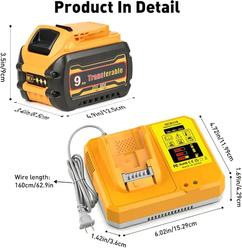 Vista 6 de Repuesto para batería Dewalt de 60 V y cargador rápido DCB118 Combo Naranja