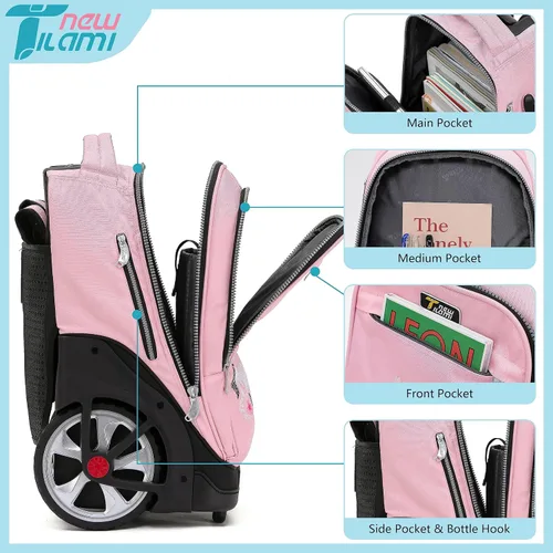 Vista 3 de NEW TILAMI Mochila con ruedas de 19 pulgadas con bolsa de almuerzo para niñas y niños, mochila para laptop con ruedas, bolsa de mano duradera