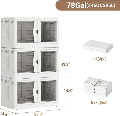 Vista 2 de BROVIEW Contenedores de almacenamiento apilables de 345 cuartos de galón con tapas y ruedas, paquete de 3 cajas grandes de plástico plegables