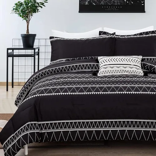 Vista 12 de WONGS BEDDING Juego de edredón negro tamaño matrimonial, edredón reversible bohemio a rayas de plumón alternativo para cama matrimonial, 3 piezas