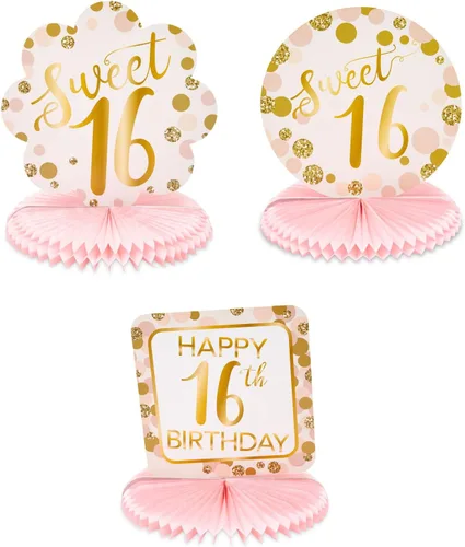 Vista 4 de Sparkle and Bash Sweet 16 - Centros de mesa de panal de abeja, paquete de 6, rosa y dorado, 9-10 pulgadas, adornos de mesa de papel reutilizables