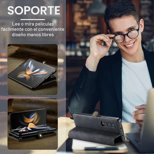 Vista 5 de Funda de cuero tipo cartera con tapa para Samsung Galaxy Z Fold4, con tarjetero y cierre magnético, a prueba de golpes, con soporte plegable, funda