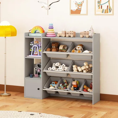 Vista 2 de HONEY JOY Organizador de almacenamiento de juguetes para niños, armario de madera de 44 pulgadas de largo con 8 contenedores extraíbles, estantes