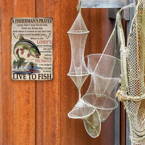 Vista 5 de SUPERDANT Letreros de lata de pesca vintage con texto en inglés «Live to Fish» de metal «A Fisherman's Signs», cartel divertido para pared, arte