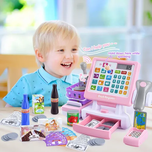 Vista 4 de PLAY Caja registradora de juguete para niños - Juguetes de simulación de calculadora con micrófono/transportadores/dinero de juguete/escaner/tarjeta