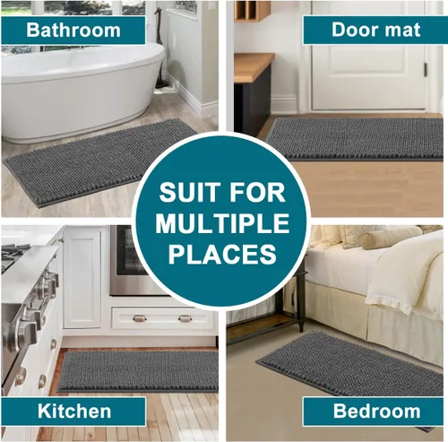 Vista 8 de Turquoize Alfombra de baño de felpilla lanuda de 47 x 20 pulgadas, paquete de 17 x 24 pulgadas, tapete de baño de felpilla antideslizante, color gris