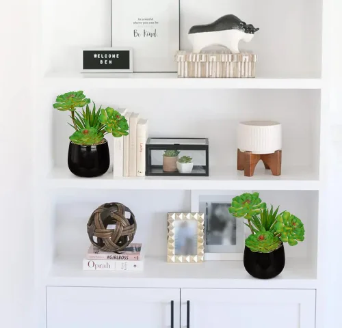 Vista 5 de Briful Plantas suculentas artificiales en maceta de cerámica, suculentas falsas con macetas negras, decoración moderna de escritorio para el hogar