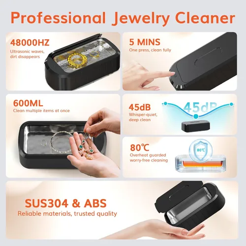 Vista 2 de ROLWAY Limpiador ultrasónico de joyas, limpiador de joyas de 48 KHz, 20 onzas, máquina ultrasónica con limpieza profunda de 5 minutos de un solo