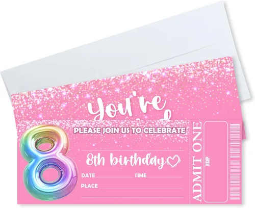 Vista 7 de Invitaciones de cumpleaños de 3 x 8 pulgadas – 20 tarjetas de invitación con purpurina rosa con 20 sobres – Boletos VIP estilo relleno de doble cara