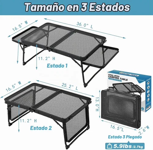 Vista 2 de Mesa de campamento pequeña baja con 2 paneles de alas, mesa de picnic baja plegable y al aire libre con 2 estantes, ligera y fácil de transportar