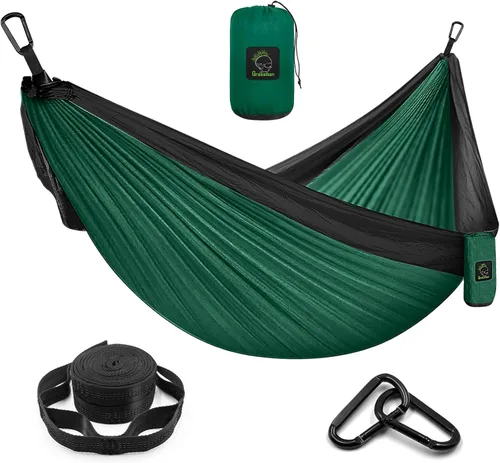 Vista 12 de Grassman Hamaca de camping doble y individual hamaca portátil con correas de árbol, hamacas de paracaídas de nailon ligero, accesorios de Negro &