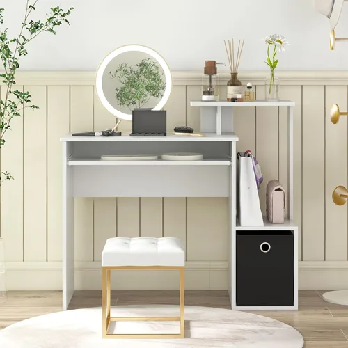 Vista 5 de Tangkula Escritorio para computadora con cajón de tela y bandeja para teclado, escritorio de estudio que ahorra espacio con estantes