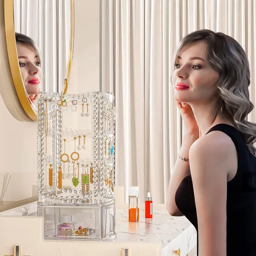 Vista 5 de Famitree Soporte giratorio de 360 aretes y organizador de joyas, 4 niveles, soporte clásico, 156 agujeros y 160 ranuras para mujeres y niñas