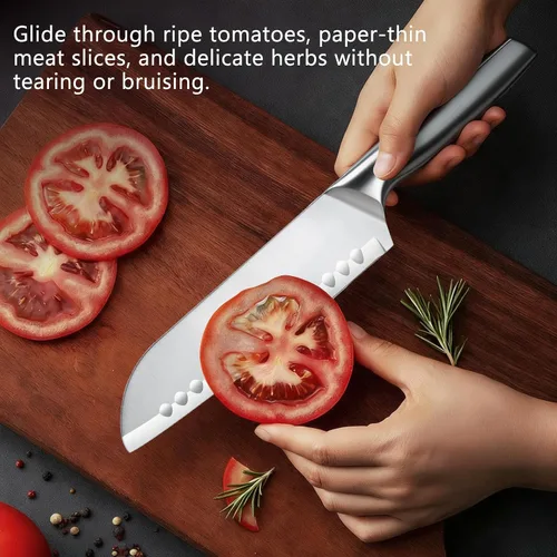 Vista 5 de Cuchillo Santoku, Cuchillo de Chef de 7 Pulgadas, Cuchillo de Cocina con Acero Alemán de Alto Carbono Súper Afilado, Mango Ergonómico Antideslizante