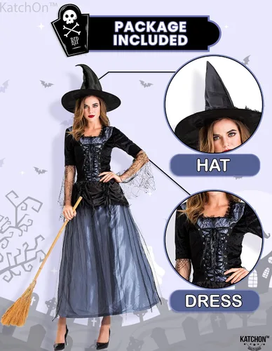 Vista 2 de KatchOn, Disfraz de bruja de Halloween para mujer, disfraz de bruja con sombrero negro Disfraces de brujas malvadas para mujer