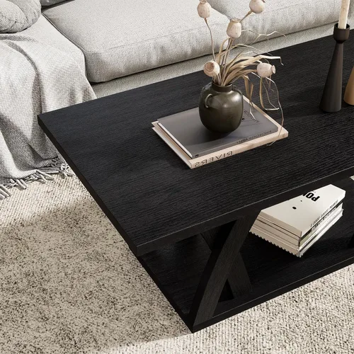Vista 5 de FROMJBEST - Mesa de café de estilo rústico con estante, mesa de café moderna, mesa de café negra para sala de estar, mesas de sala de estar, 47" Gris