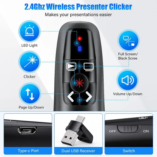 Vista 2 de Clicker de presentación USB tipo C 2 en 1, clicker para presentaciones de PowerPoint, control remoto inalámbrico recargable, RF 2.4GHz USB