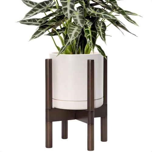 Vista 60 de D'vine Dev Maceta de cerámica con soporte de ébano – Maceta redonda moderna de 8 pulgadas con soporte para maceta de madera, color negro, 55-B-M-2