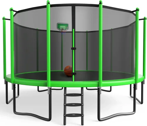 Vista 10 de YORIN Trampolín al aire libre【Espesor mejorado】16 pies, 15 pies, 14 pies, 12 pies, 10 pies, 10 pies con aro de baloncesto de 1500 libras, aprobado