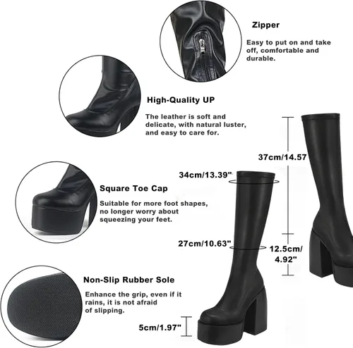 Vista 3 de VOMIRA Botas de tobillo para mujer, tacón alto grueso, puntera cuadrada, cremallera lateral, botas elásticas de piel sintética, botas de plataforma