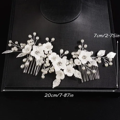 Vista 6 de Teyglen Peine para el cabello de boda con hojas de flores y perlas plateadas, tocados con diamantes de imitación, piezas para el cabello, accesorios