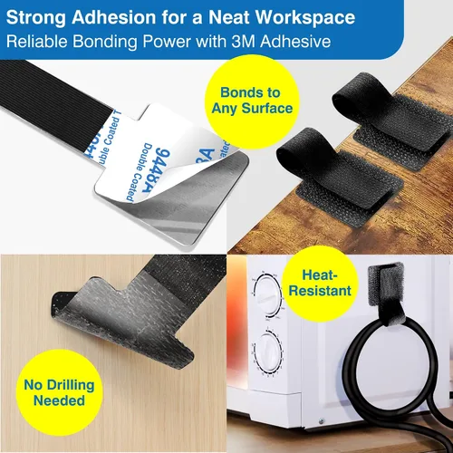 Vista 3 de Kit de gestión de cables – 40 sujetadores autoadhesivos de gancho y bucle con 2 correas de extensión – Fabricado con cinta 3M, organizador de cables
