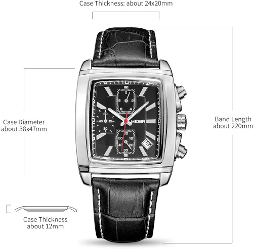 Vista 6 de MEGIR - Reloj analógico de cuarzo para hombre diseño rectangular con cronógrafo luminoso elegante correa de cuero adecuado para deporte y trabajo