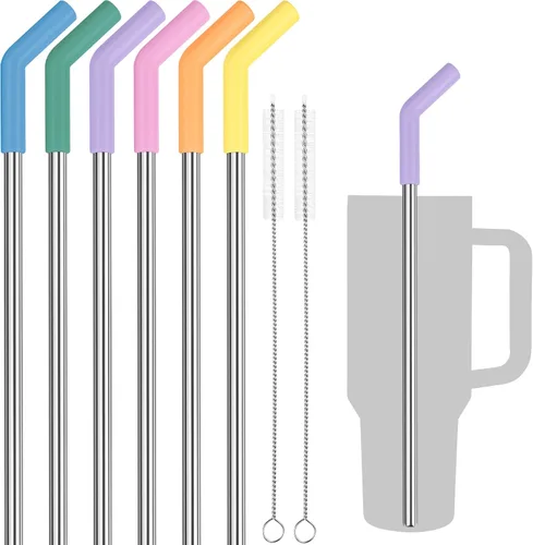 Vista 11 de Tomorotec 6 popotes de acero inoxidable con puntas de silicona para vaso Stanley de 40 onzas, juego de popotes reutilizables de 13 pulgadas