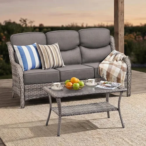 Vista 17 de Sofá de lujo para patio al aire libre, sofá de mimbre resistente para todo tipo de clima, sofá de 3 plazas con asiento profundo y funda extraíble