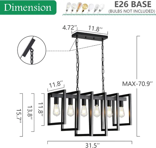 Vista 2 de Lámpara de comedor de 6 luces, candelabros negros para comedor, moderna lámpara de granja, accesorios de iluminación colgantes rectangulares