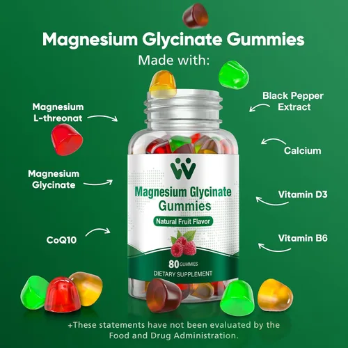 Vista 4 de Gomitas de glicinato de magnesio de 400 mg, gomitas de magnesio sin azúcar para niños y adultos con L-treonato, calcio y vitaminas B6+D3, 80