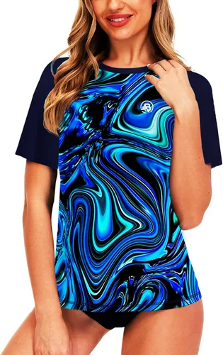 Vista 30 de AOBUTE Camisetas de natación de manga corta para mujer con protección solar degradada