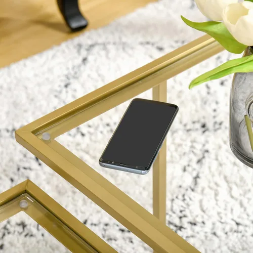 Vista 8 de HOMCOM Mesa auxiliar, mesa de centro de cristal templado con 2 mesas cuadradas, mesas de centro modernas para sala de estar, dormitorio, color dorado