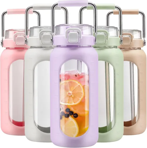Vista 30 de BLUEGO Botella de agua de vidrio de 64 onzas con mango de acero inoxidable, botella de agua grande con marcadores de tiempo y funda de silicona Ámbar