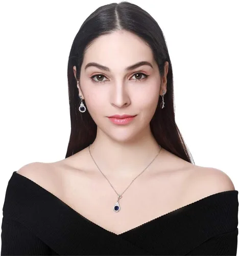 Vista 5 de AILUOR Juego de joyas de zafiro con corona, moda nupcial de plata Swarovski Elements, collar y pendientes de tuerca para mujer y niña