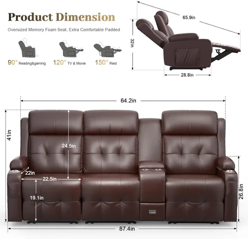 Vista 8 de Sofá reclinable, sofá reclinable con masaje de 3 plazas con gran capacidad de peso, sofá de dos plazas para RV con espacio libre con consola, USB