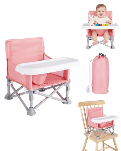Vista 11 de Silla de bebé portátil, asiento elevador plegable con bandeja para mesa de comedor, silla de camping compacta para césped, playa, viajes, bebés de 6