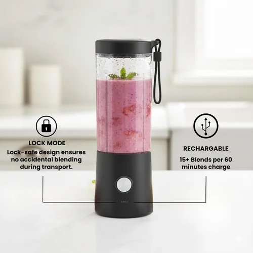 Vista 4 de Licuadora portátil para batidos – Mini licuadora personal de 16 onzas, USB-C recargable y autolimpiante, color negro