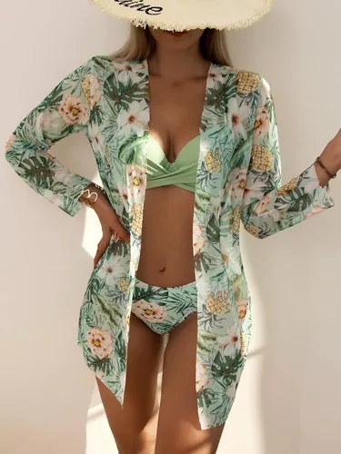 Vista 6 de MakeMeChic Traje de baño de 3 piezas para mujer, traje de baño de bikini con realce tropical con kimono
