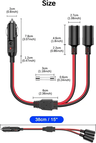 Vista 2 de Adaptador divisor de encendedor de cigarrillos para automóvil, 2 enchufes, cable de extensión de salida múltiple de 12 V-24 V, doble enchufe hembra