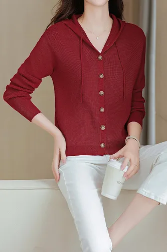 Vista 6 de LAI MENG FIVE CATS Cárdigan casual con capucha para mujer, suéteres de punto de manga larga a la moda 2023