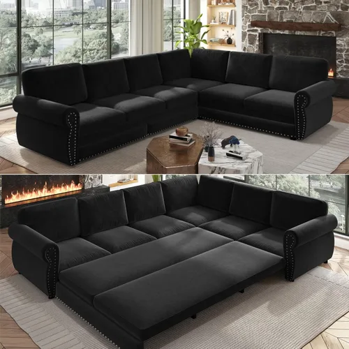Vista 14 de Sofá cama seccional en forma de L de 6 asientos, sofá extraíble de chenilla gris Gris oscuro