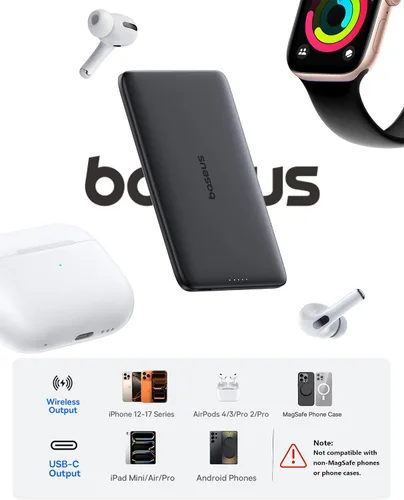 Vista 7 de Baseus Picogo Power Bank, 0.3" Ultra Slim 5000mAh MagSafe Portable Charger, Card-Size Magnetic Battery Pack with USB-C Braided Cable, Alloy Wireless