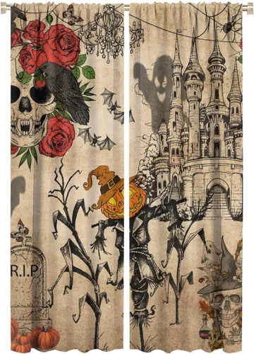 Vista 17 de Divertidas cortinas opacas de calabaza y espantapájaros para sala de estar, rústicas de otoño, hojas de arce, girasol, cosecha de otoño, puesta