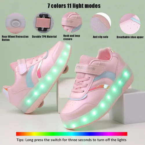 Vista 5 de Zapatos con ruedas para niños y niñas, patines, zapatillas deportivas con luz LED recargable para principiantes, el mejor regalo