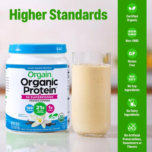Vista 3 de Orgain proteína orgánica a base de plantas + polvo de superalimentos Plant based protein, 50 superfoods, 8g prebiotic fiber, gluten free, no added